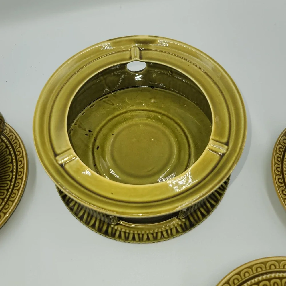 Vintage Olive Green Ceramic Soup Tureen Set with Warmer 4 Bowls and Saucers MCM
